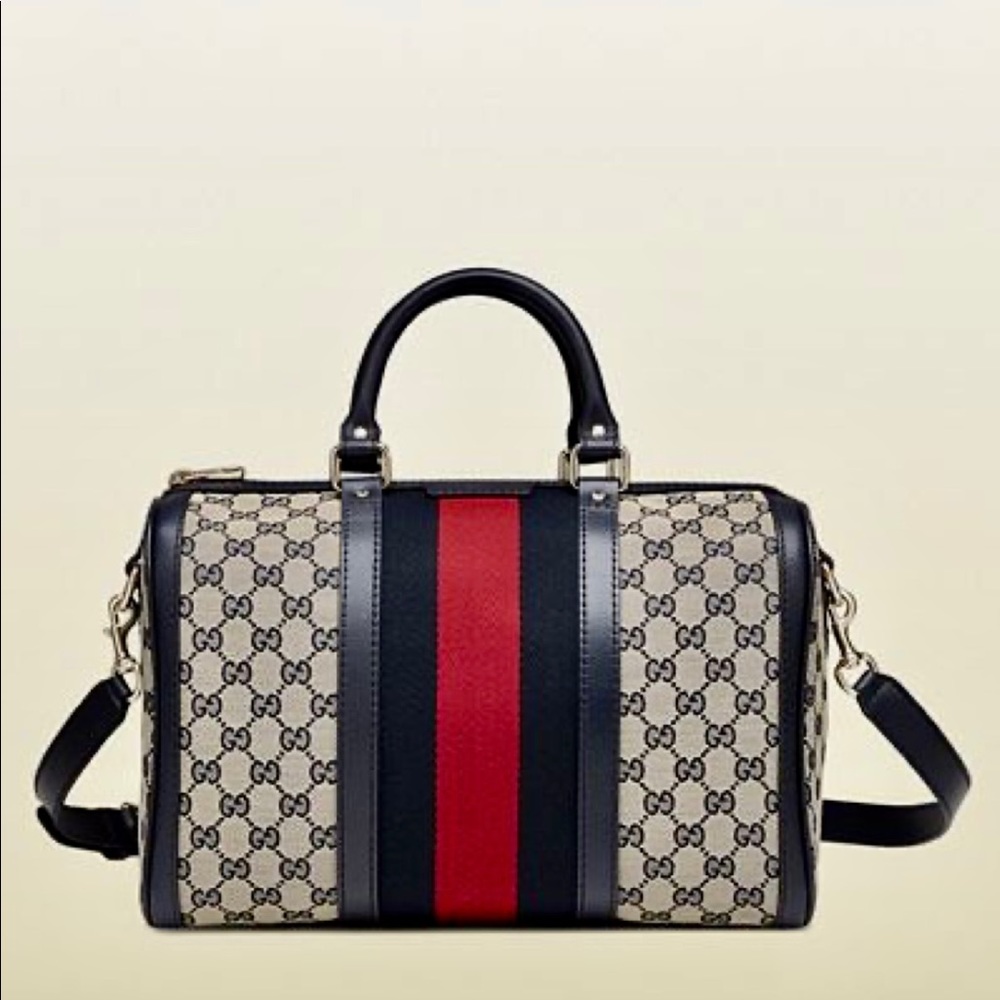 AUTHENTIC GUCCI MONOGRAM WEB MEDIUM BOSTON DUFFLE SHOULDER BAG NAVY/RED